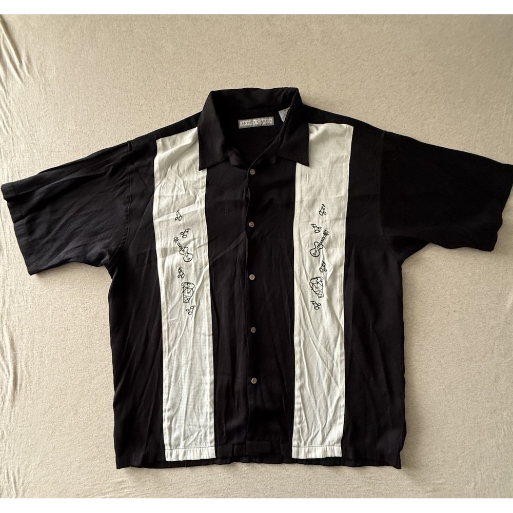 Monte Carlo Men's Black And White Button Up Shirt With Music Notes Size XL
